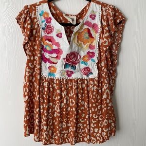 Savannah Jane rust leopard embroidered top 1X